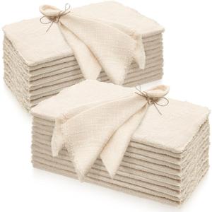 24 Pcs Beige Linen Napkins Bulk, Handmade Cloth Napkins with Fringe 16.5 x 16.5 Inch Cotton Linen Napkin Washable for Party, Weddings, Dinner, Birthday