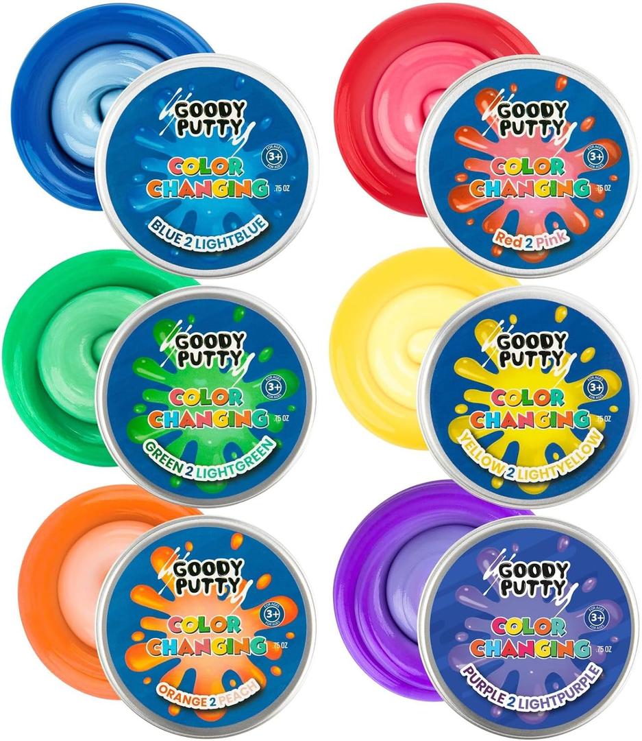 Goody Putty Color Changing Fidgety Toy for Kids Stress Relief and Therapy Great ADHD Fidget Putty Toy That Changes Colors (1 Set (6 Tins))