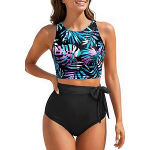 Aqua Eve Women High Waisted Bikini Set Racerback Swimsuit Two Piece Bathing Suit High Neck Swimwear (M)
