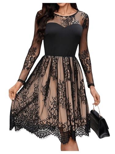 Floerns Women's Elegant Overlay Mesh Long Sleeve Scallop Hem Party A Line Dress Black Medium