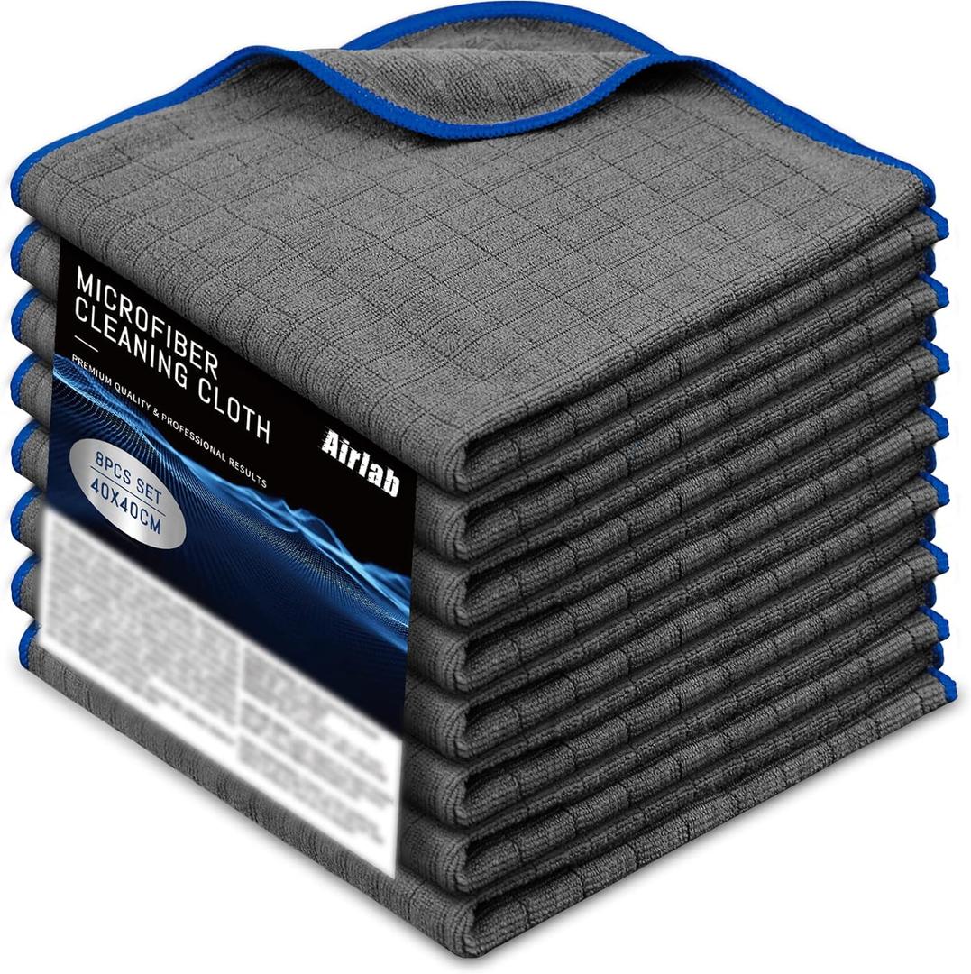 Airlab Microfiber Towels for Cars Wash Drying Auto Detailing, Highly Absorbent, Lint-Free, Streak-Free, All-Purpose Cleaning Cloths for Household, 16" x 16", Pack of 8, Grey