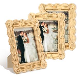 CroBlissful 3 Pcs Scalloped Wicker Weave Rattan Photo Frame for Picture Handmade Rattan Photo Frames Wall Decor Boho Farmhouse Style Tabletop Display Decorative Home Bookshelf (5 x 7,Neutral)