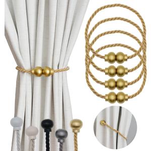4 Pack Magnetic Curtain Tiebacks Modern Handmade Rope Curtain Tie Backs Decorative Drapes Weave Holdbacks for Home Outdoor Bedroom Office Decorative Curtain, Gold, 15.7"L x 0.98"W