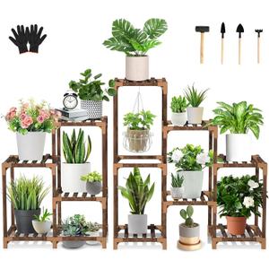 Uneedem Wood Plant Stand Indoor Outdoor Corner Plant Shelf Stand, 5 Tiered 10 Potted Flower Plant Stands for Indoor Plants Multiple, Plant Shelves Stands Rack for Living Room, Patio, Balcony