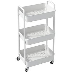 3 Tier Rolling Cart Organizer, Plastic Rolling Cart with Lockable Wheels & Reinforced Handle, Lightweight Utility Cart Storage Cart for Nursery, Kitchen, Bathroom, Craft Room, White, PIUC14W