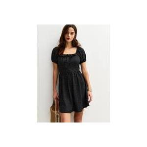 New Look Polly Polka Dot Textured Jersey Milkmaid Mini Dress (Black, Large)