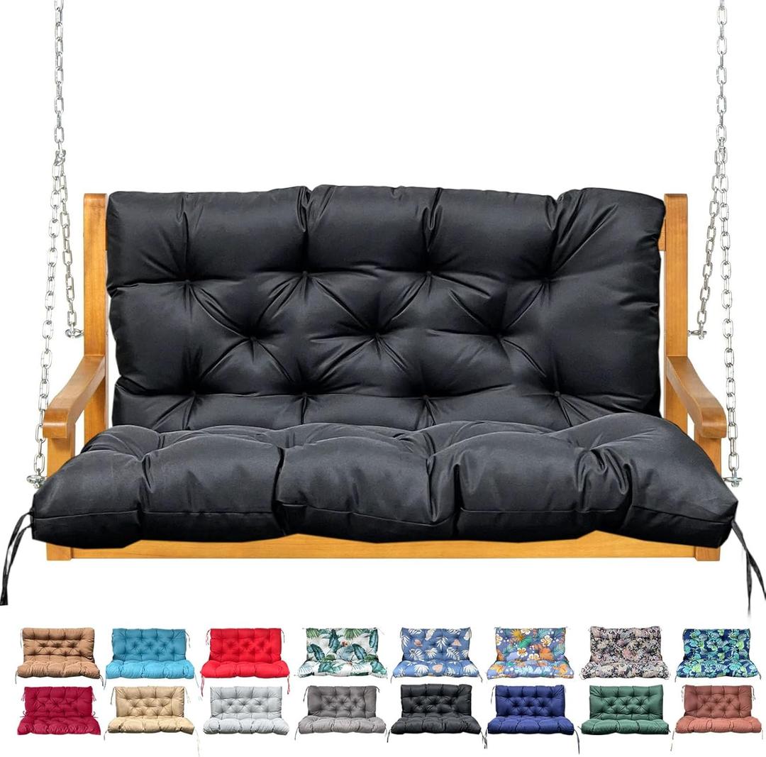 Porch Swing Cushion with Backrest,Waterproof Bench Cushion for Outdoor Furniture,2-3 Seater Replacement Thickened Swing Cushion with Ties,Patio,Outdoor,Backyard and Garden (Black,40x40)