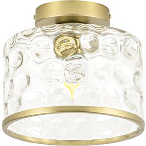 Gold Flush Mount Ceiling Light with Clear Hammered Glass lampshade, Farmhouse Ceiling Lights Fixture in Satin Brass for Kitchen Bathroom, Bulb not Included