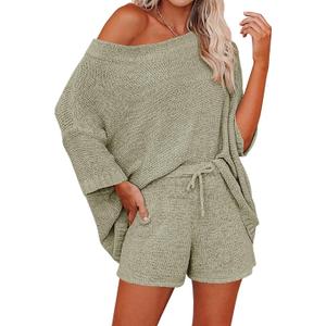 Ermonn Womens 2 Piece Outfits Sweater Sets Off Shoulder Knit Tops Waist Short Suits Casual Pajama Set (XX-Large, Green)