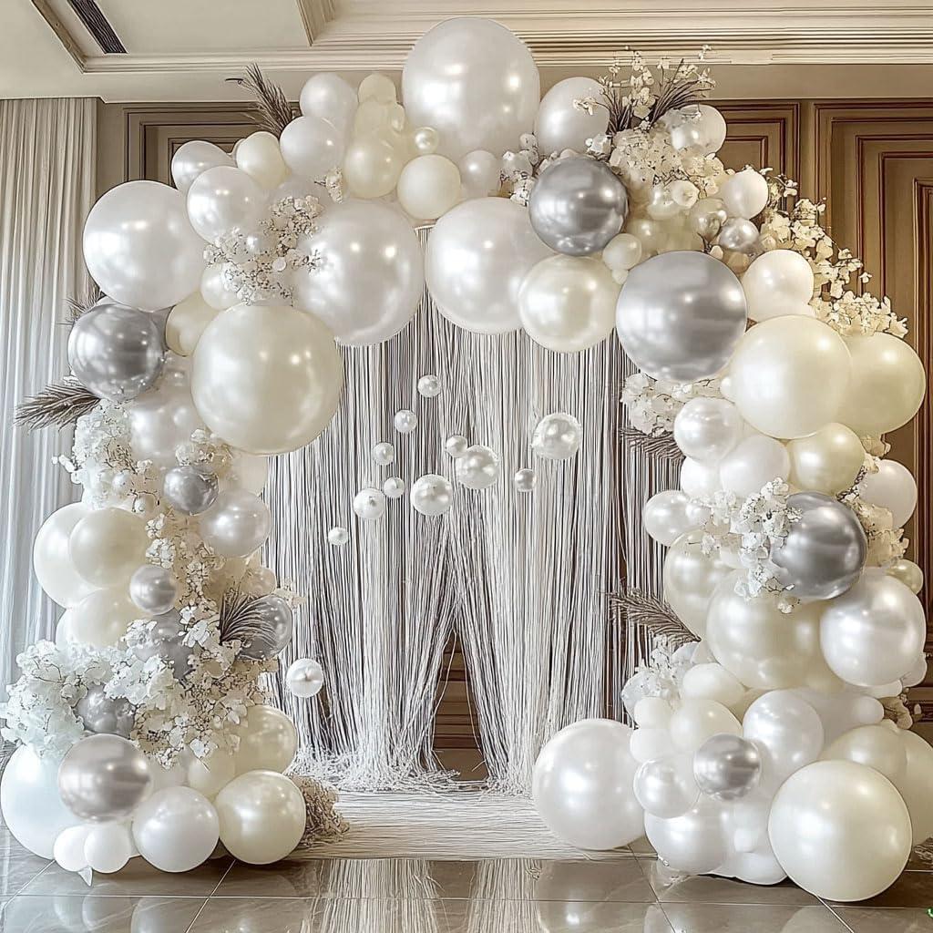 White and Silver Balloon Garland - Double Stuffed Pearl Sand White Silver Balloons Arch Kit 5 12 18 inch for Birthday Graduation Bar Mitzvah Bachelorette Wedding Baby Shower Party Decoration
