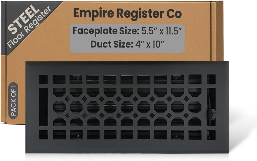 Empire Register Co, Steel Floor Register - 4x10 inch, Honeycomb Design, Textured Black Finish, Heavy Duty Walkable Steel Floor Vents, Metal Damper Attached Air Vents for Home Floor only