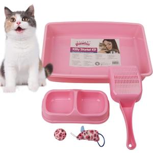 PAWISE Small Cat Litter Box, Kitten Litter Box Starter Kit, Low Entry Baby Kitten Training Litter Box with Scoop, Bowls, Cat Mouse Toy and Cat Ball Toy, First Catty Owner Essentials(Pink)