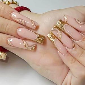 RUOKEXIN Long Press on Nails French Tip Coffin Fake Nails Gold Glitter Acrylic False Nails with Ripple Designs Glossy Artificial Nail Press ons Summer Glue on Nails Natural Stick on Nails for Women and black Nails,Set Of 2