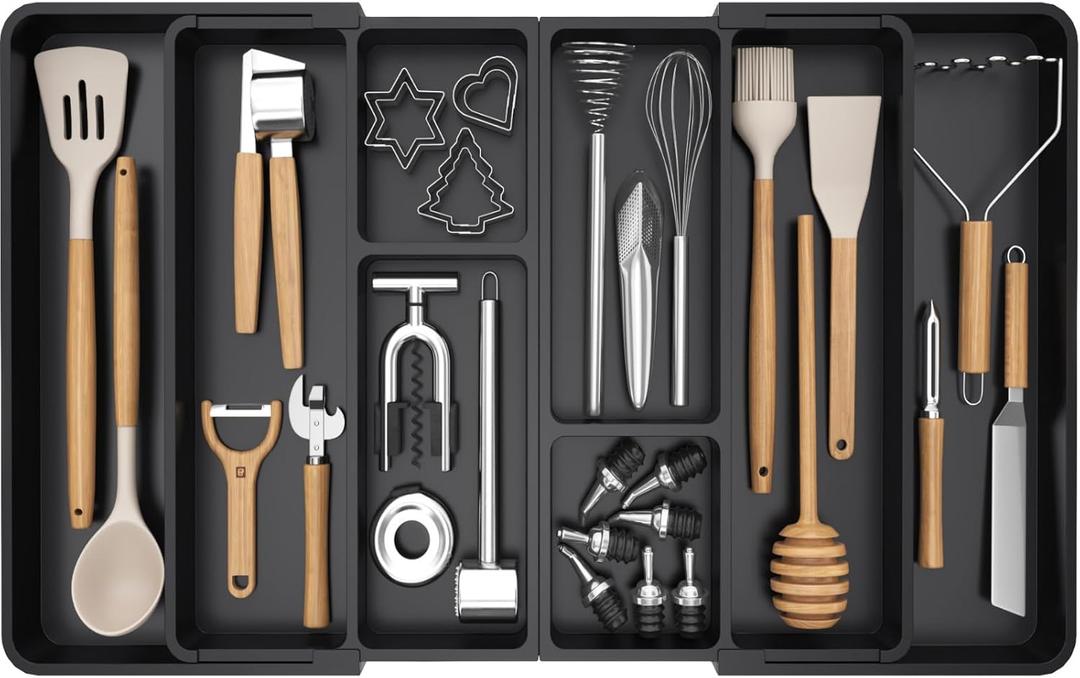 Lifewit Large Utensil Organizer for Kitchen Drawer, Expandable From 21 to 36 Inches, Adjustable Cooking Silverware Tray, Plastic Cutlery Flatware Holder, Spatula Tools Gadgets Storage Divider, Black (Black)