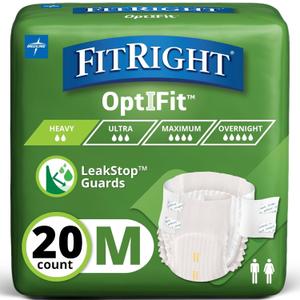 FitRight Adult Diapers, Extra+ Heavy Absorbency, M (Waist Size 32in-44in), 20 Count, OptiFit Incontinence Briefs for Men and Women, Disposable, Moisture-Wicking, Leak Protection