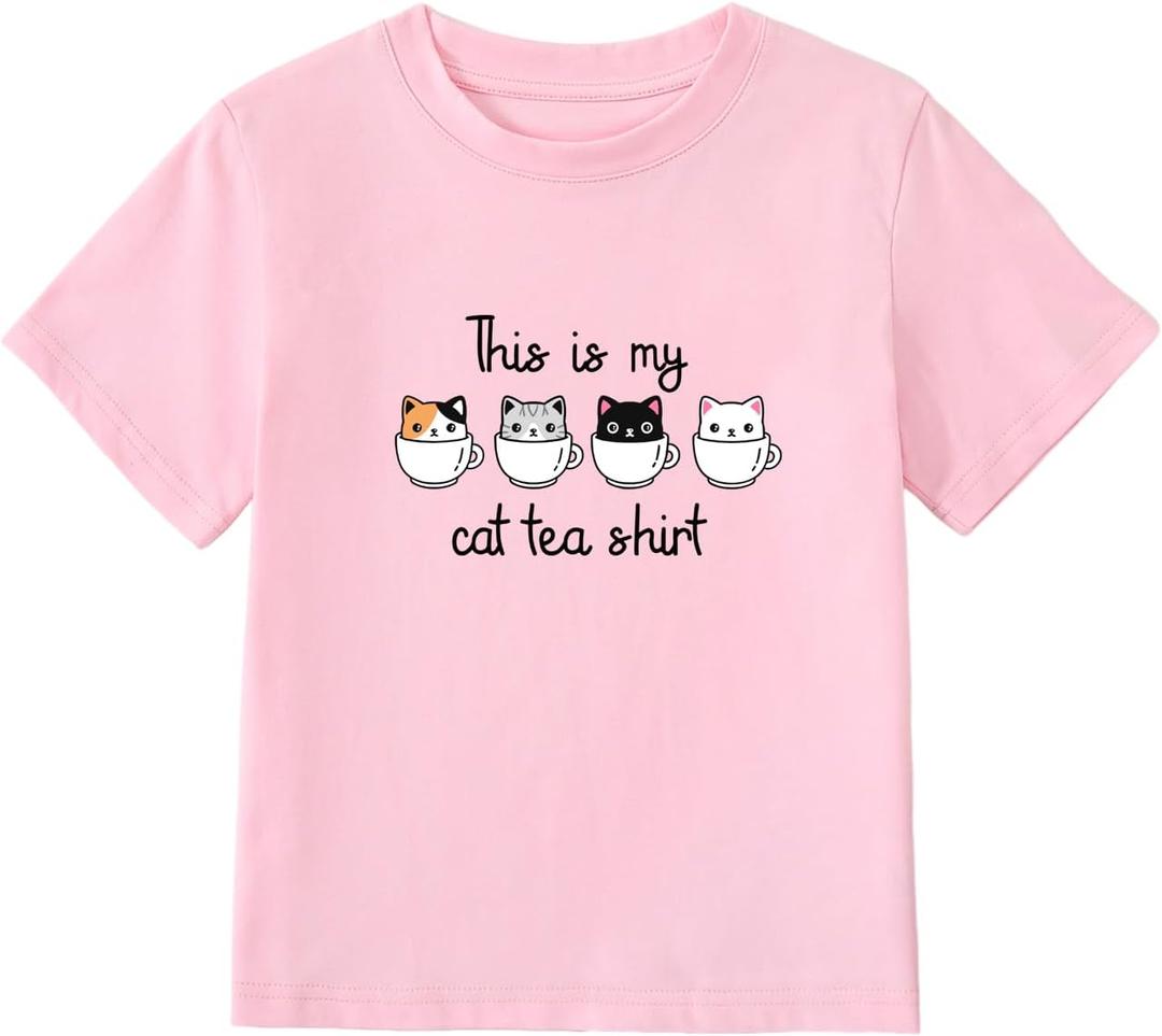 Girl's Cute Cat Graphic T-Shirts Funny Animal Lover Tee Pink (Pink)