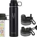 Sports Water Bottle - 24 oz - Leak Proof, 18/8 grade Durable Double Walled Stainless Steel Bottles with Infuser Lid, New 2 in 1 Lid (Black)