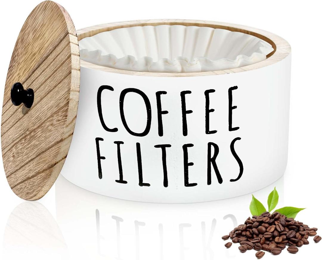KAYIN Coffee Filter Holder, 78oz Wooden Container with Bamboo Lid, Round Organizer for Filter, Coffee Bar Decor Accessories, 6.3"  6.3"  3.54", White