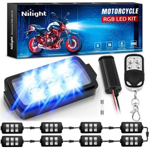 Nilight 8pcs Motorcycle RGB LED Strip Lights Kit Multi-Color Neon Waterproof Atmosphere Lights with RF Wireless Smart Remote Controllers for Harley Davidson Suzuki