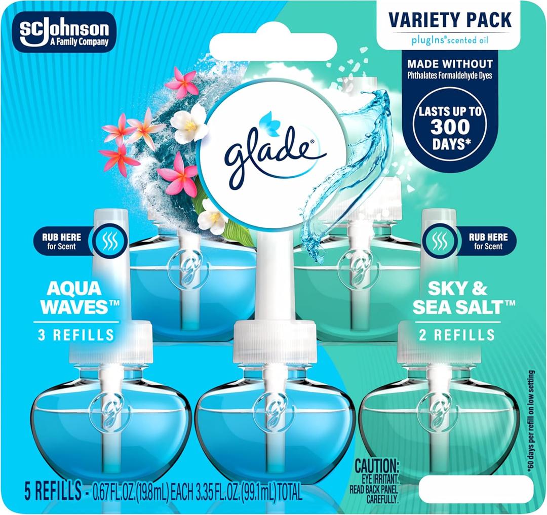 Glade PlugIns Refills Air Freshener, Aqua Waves and Sky & Sea Salt, Scented and Essential Oils for Home and Bathroom, 0.67 Fl Oz, 5 Count