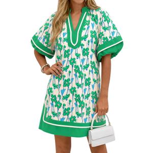 Wenrine Womens Summer Puff Sleeve Casual V Neck Mini Boho Floral Dresses