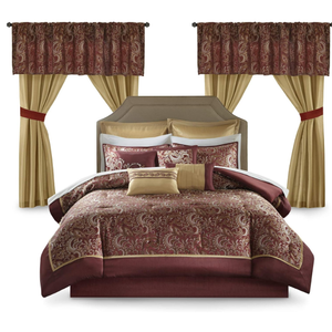 Madison Park Essentials Brystol 24 Piece Room in a Bag Faux Silk Comforter Jacquard Paisley Design Matching Curtains Down Alternative Hypoallergenic All Season Bedding-Set, King (104 in x 92 in), Red | Matching Curtains Room in a Bag, Down Alternative Bedding Set, All Season, Machine Washable, Wrinkle Resistant, Ultra Soft