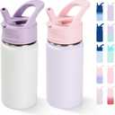 12oz Water Bottle for School, Bottles with Straws, Stainless Steel Vacuum Insulated Water Bottle, Leak-Proof, BPA-Free, Gentle Purple + Luck