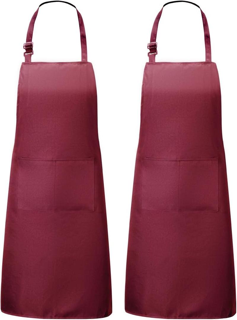 2 Pack Aprons for Cooking with Pockets Kitchen Aprons for Chef Men Women Adjustable Neck Strap BBQ Grilling Apron (Red)