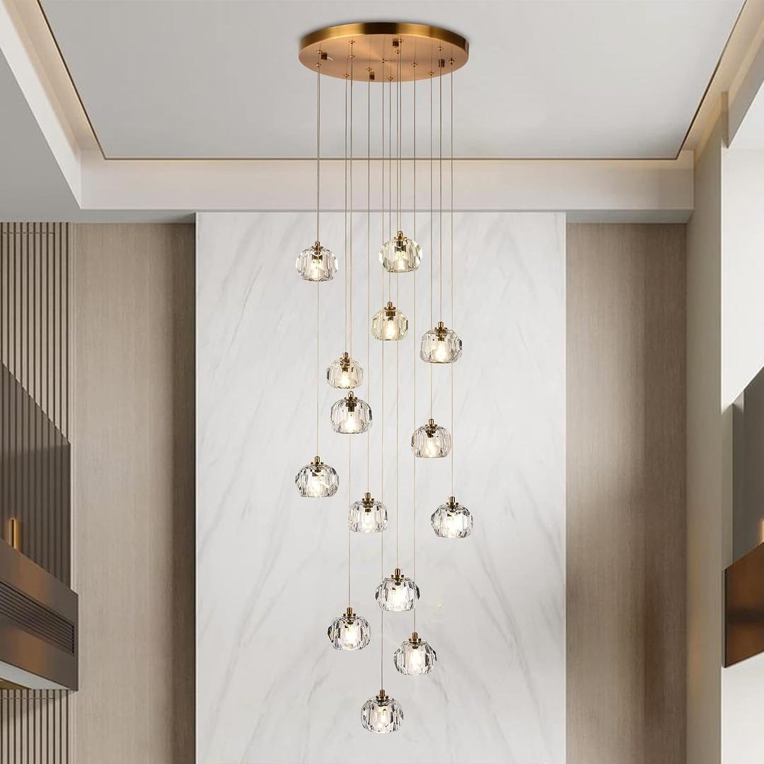 14-Light Crystal Chandeliers, 42W Raindrop Pendant Light Chandelier Large, Brass High Ceiling Chandelier Pendant Lighting with Clear Cut Crystal for Staircase Foyer Living Room, 14-Light Round Base