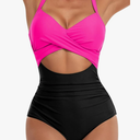 Women's One Piece Swimsuits Tummy Control Cutout High Waisted Bathing Suit Wrap Tie Back 1 Piece Swimsuit Size L