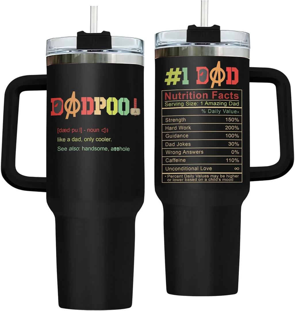 Christmas Gifts for Him Grandpa Father Dad Husband Men Boys, DadPool 40oz Tumbler with Lid, Funny Movie Character Travel Cup, Antihero Mug with Funny Definition, Birthday Gifts for Movie Lover (40oz - New Version, Black)