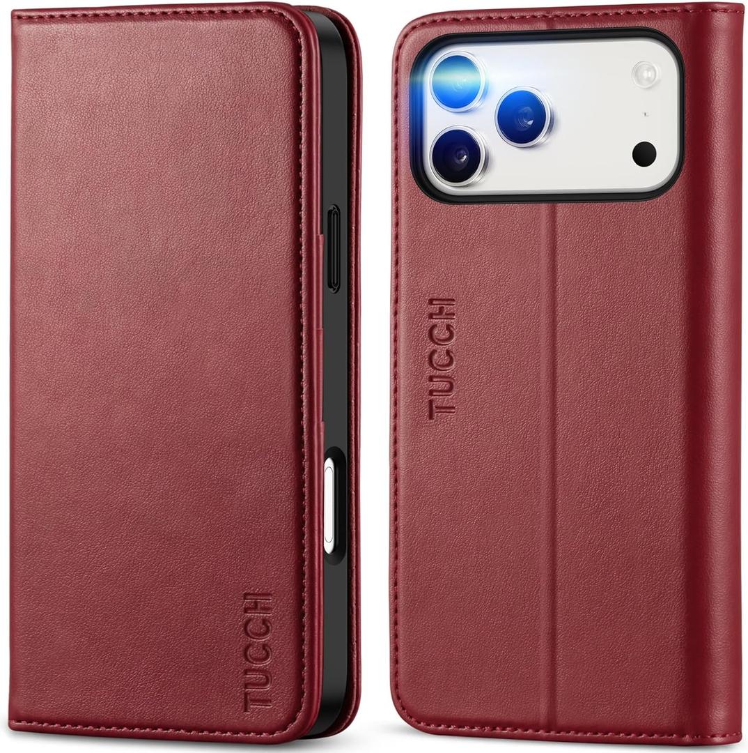 TUCCH Wallet Case for iPhone 17 Pro Max (6.9") 2025, 3 Credit Card Slot | RFID Blocking | Stand | PU Leather | Protective Flip Folio Cover | Shockproof TPU Interior Shell | Deep Red
