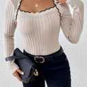 SOLY HUX Women's Long Sleeve Bodysuit Square Neck Knit Slim Fitted Going Out Tops Fall Clothes (S)