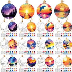 Supervitae 72 Piece Landscape Round Pre Drawn Canvas Kit 5.9" Paint and Sip Kit for Adults Painting Party Pre Printed Canvas DIY with Pictures Paints Easels Brushes for Party Gifts
