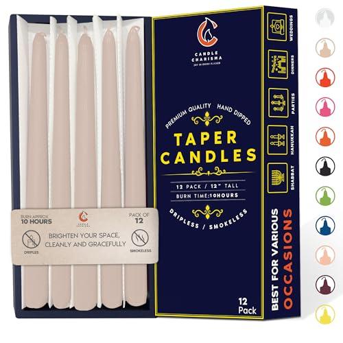 Ivory Cream 12 Inch Taper Candles - Pack of 12 Premium Unscented, Dripless & Smokeless Hand-Dipped Candles for Birthday, Wedding or Dinner Decorations and Formal Candlelighting