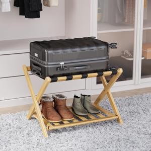 Fully Assembled Bamboo Luggage Rack, Heavy Duty Folding Suitcase Stand with Storage Shelf, Guest Room Essentials, Ideal for Bedroom, Hotel, Natural (Natural wood -1pack)