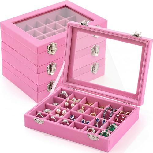 Nosiny 3 Pcs Earrings Jewelry Box Ring Display Case 24 Grids Velvet Jewelry Organizer Box Tray Earrings Holder Storage Case for Girls Wife Mom Women (Pink)