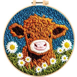 SmoothNovelty Cow DIY Punch Needle Kits for Beginners with Hoop Embroidery Fabric Instructions Thread Punch Needle Craft Set Easy for Starter Adults and Children Gift Decoration, 20x20cm-4