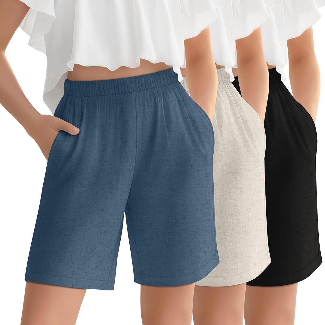 Oakgarden 3 Pack Girls Linen Bermuda Shorts Knee Length Elastic Waist Pants Casual Loose Fit Summer Short Pants with Pockets (Black)