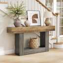 LITTLE TREE 63 Inches Long Console Table, 2-Tier Farmhouse Sofa Table Behind Couch, Large Narrow Entryway Table for Living Room, Wooden Hallway Foyer Table with Heavy Duty Base, Rustic Brown and Grey