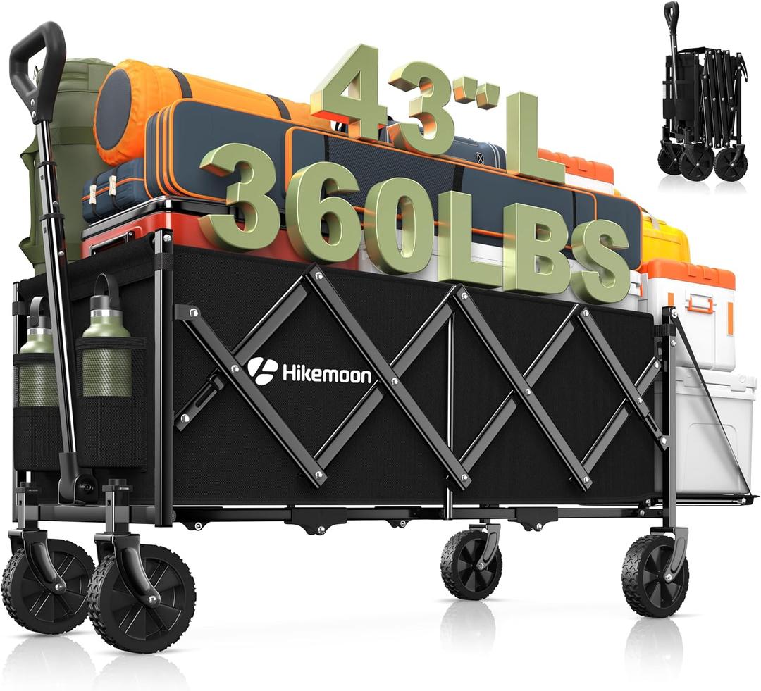 Hikemoon 43'' Extra Long Collapsible Wagon with Extended Tailgate, 360LBS Heavy Duty Wagons Carts Foldable, Portable Folding Outdoor Utility Cart for Grocery, Shopping, Garden, Camping, Black