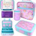 Bento Lunch Box with Thermo for Kids Set, Insulated Lunch Bag with Ice Pack, Stainless Steel Food Jar for Hot Soup, Boxes with 4 Compartments for Girls Toddler Snacks Lunches, Purple Rainbow