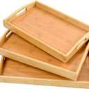 3 Pack Bamboo Serving Trays with Handles, Rectangular Kitchen Food Tray for Eating, Dinner Trays for Eating on Couch, Wood Serving Platter for Breakfast, Tea, Bar, Restaurant, Party or Bed (Beige)