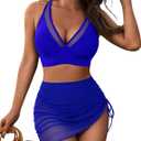 Blooming Jelly Womens Swim Skirt High Waisted Bikini Sets Tummy Control Swimsuits Mesh Sarong Wraps Bathing Suits (Large, Royal Blue)