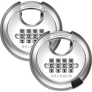 DELSWIN 4 Digit Combination Lock Disc Padlock with Hardened Steel Shackle Outdoor Combo Lock for Outdoor Gate Sheds,Storage Unit,Garage,Fence,Gym Locker(2 Pcs) (Silver)