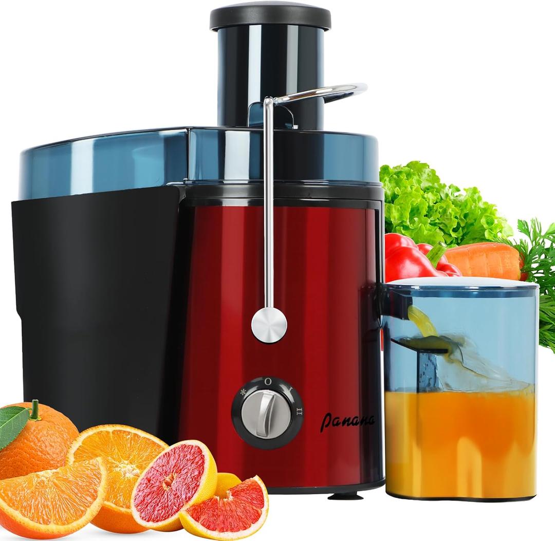 Panana Centrifugal Juicer Extractor with Wide Mouth 3 Feed Chute for Fruit Vegetable, Easy to Clean, Stainless Steel, BPA-free (Red)