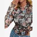 Lace Long Sleeve Floral Mesh Top Mockneck Going Out Tops for Women Trendy Undershirt Fashion Outfits (L)