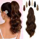 FELENDY 16" Ponytail Extension Long Curly Wavy Ponytails Clip in Claw Hair Extension Pony Tails Natural Looking Synthetic Hairpiece for Women Dark Brown Mix Light Auburn