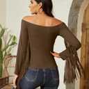 Fringe Tops for Women Western Cowgirl Off The Shoulder Fall Long Sleeve with Tassels Stretchy Crop Shirts Blouses (Brown, XL)
