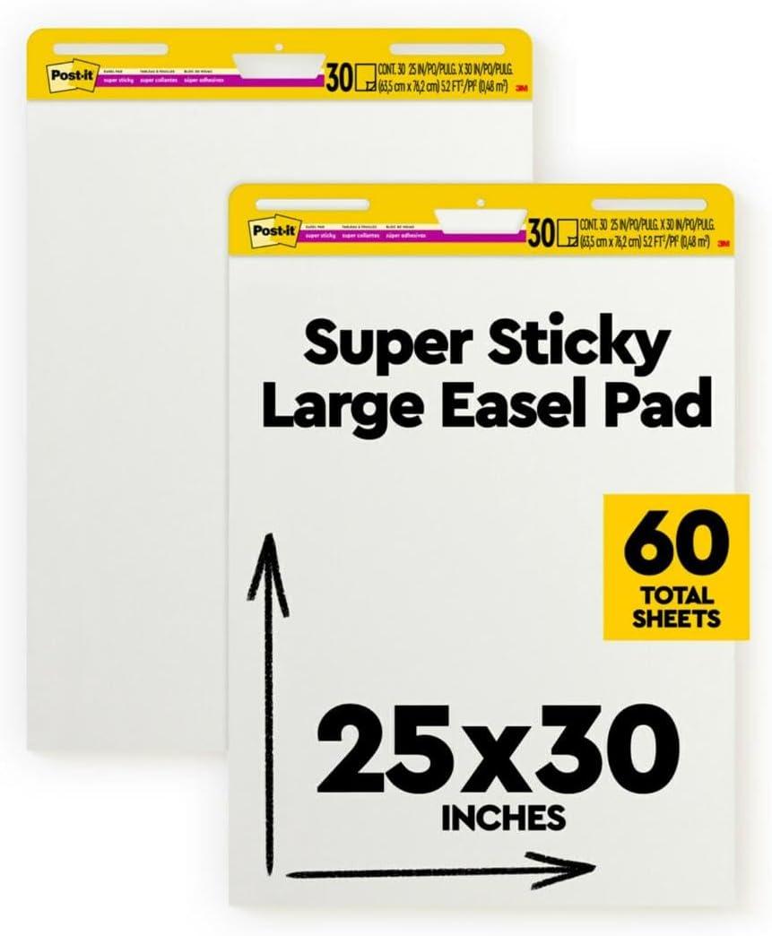 Post-it Super Sticky Easel Pad, 25 x 30 Inches, 30 Sheets Per Pad, 4 Pads, Large, White, Premium Self Stick Flip Chart Paper, Anchor Chart, Office Supplies & School Supplies, Great for Teachers and Students, 2 packs per case